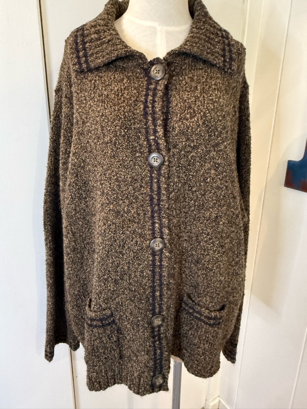 Cozy Brown Bouclé Button-Front Collared Cardigan Sz 3X